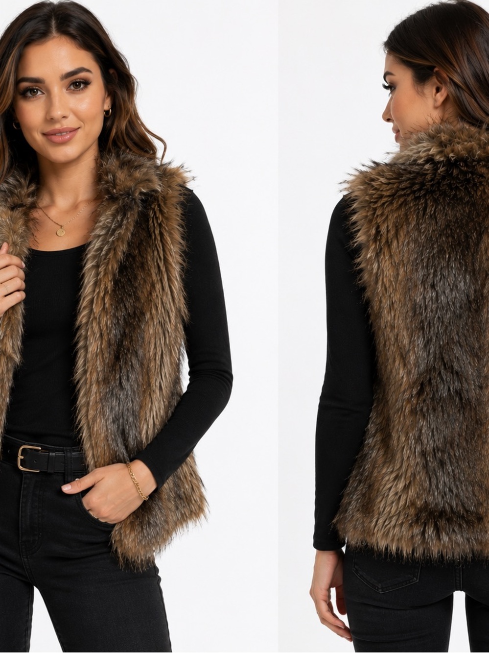 EXPRESS Faux Fur Vest Women Small Brown Open Front Boho Winter Layering - Picture 5 of 16